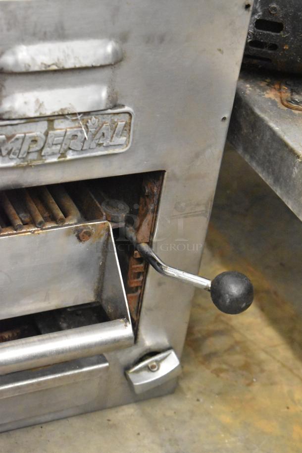 Imperial Commercial Gas Powered Cheese Melter, stainless steel, visible wear, vintage condition, Imperial logo shown.