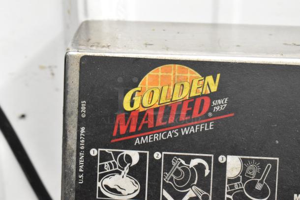 RT-P Commercial Countertop Waffle Maker, features "Golden Malted" branding and waffle instructions; 120 Volts, 1 Phase.