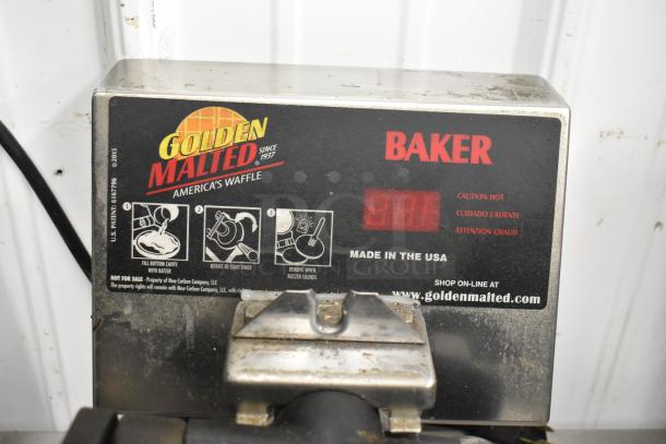Golden Malted RT-P Commercial Waffle Maker, 120 Volts, 1 Phase. Used condition, instructions on front, red LED display.