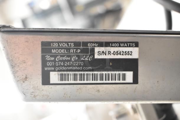RT-P Commercial Waffle Maker label showing 120 volts, 60Hz, 1400 watts. Model RT-P by New Carbon Co. LLC. Serial number R-0542552.