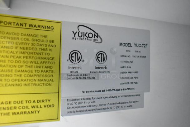 Yukon YUC-72F 3 Door Undercounter Freezer label; shows ETL certifications, 115V, 1 phase, model details, and warnings.