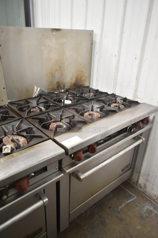 Therma-tek TMD36-6-1N commercial natural gas range with 6 burners, oven, and backsplash. Used condition, visible wear.