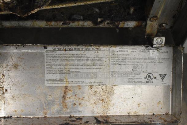 Therma-tek TMD36-6-1N commercial gas range label showing model, operating instructions, and UL listing.