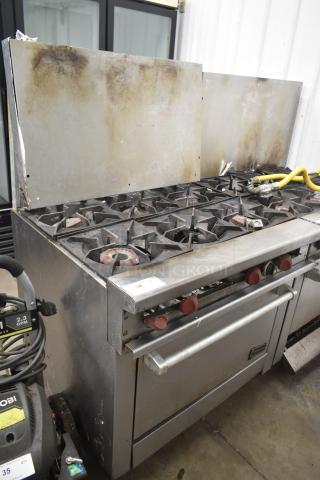 Therma-tek TMD36-6-1N 6 burner range with oven, natural gas, used condition, visible wear, includes back splash.
