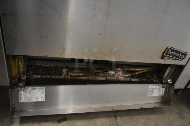 Therma-tek TMD36-6-1N commercial 6 burner range, natural gas, oven and backsplash, visible wear, model label shown.