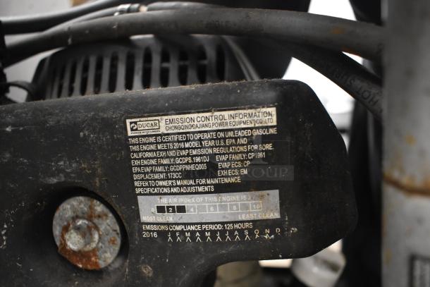 Ryobi 2.3 GPM Pressure Washer with Ducar engine label, indicating 2016 emission compliance and 173cc displacement.