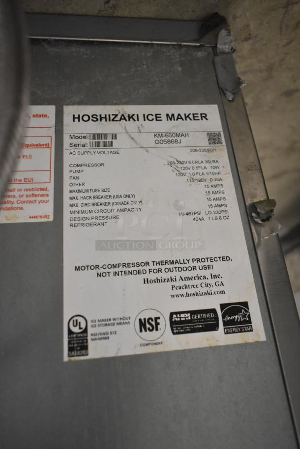 Hoshizaki KM-650MAH ice machine label, showing model, serial number G0586J, voltage, certification marks, and usage details.