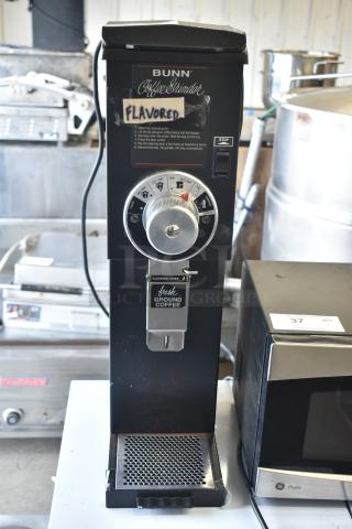 Bunn G3 HD Commercial Coffee Grinder, 120V, labeled for flavored beans, with grind settings and fresh ground coffee label.