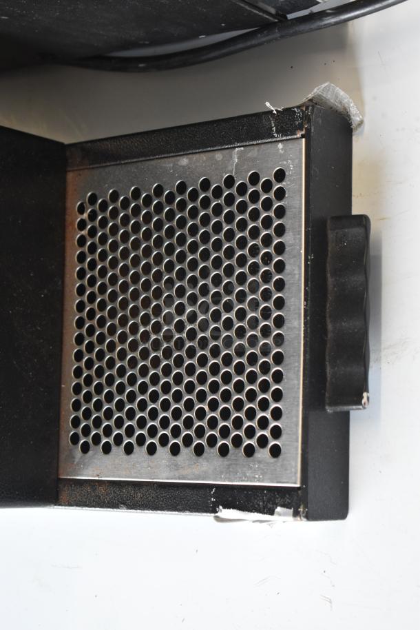 Bunn G3 HD coffee grinder vented side panel, black and stainless steel, showing wear. 120V, 1 phase.