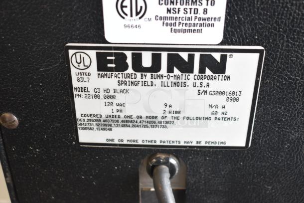 Bunn G3 HD commercial coffee grinder label, showing model, serial number, 120VAC, 1-phase. Manufactured in Springfield, Illinois, USA.