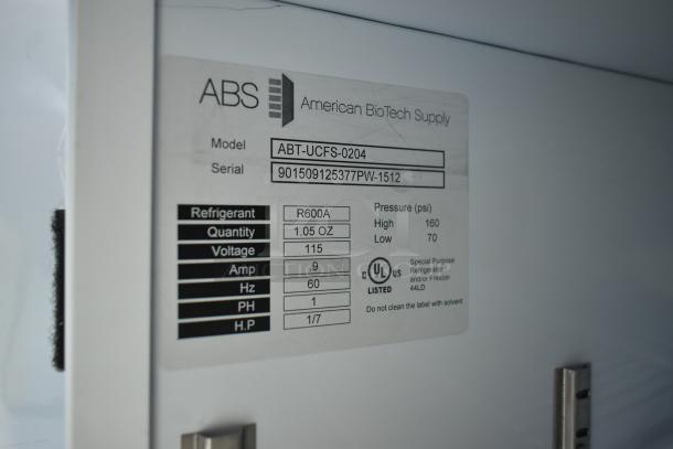 ABS ABT-UCFS-0204 undercounter cooler label. 115V, R600A refrigerant, 1.05 oz, 0.9 Amp, UL listed, serial 901509125377PW-1512.