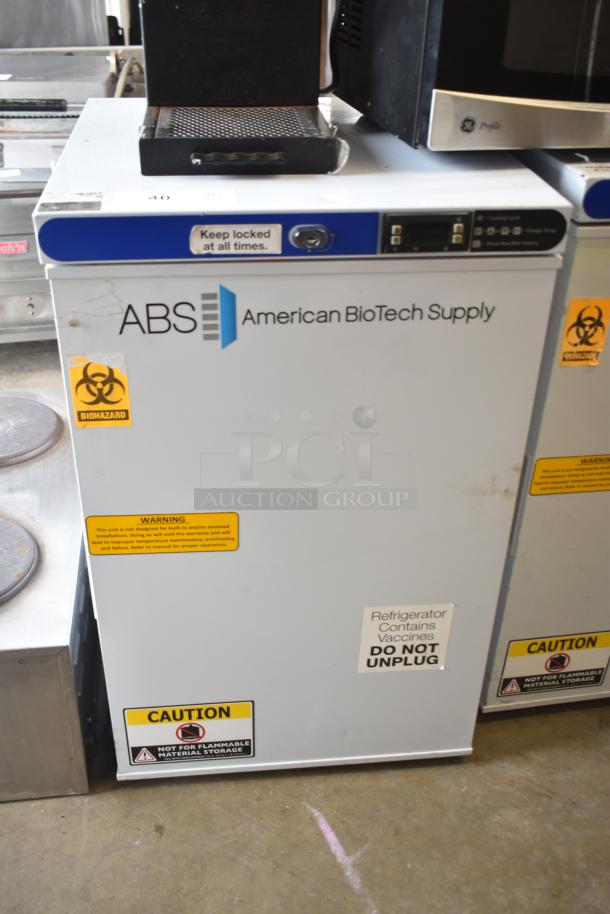 ABS ABT-UCFS-0204 undercounter cooler, 2.5 cu.ft., single door, commercial use, 115V, biohazard and warning labels visible.