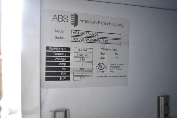 ABS ABT-UCFS-0204 undercounter cooler label, featuring model, serial number, refrigerant, voltage, and UL certification.