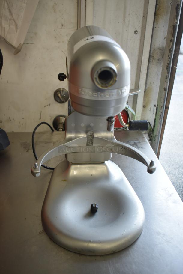 KitchenAid KF26M22SR, 6-quart countertop planetary dough mixer, silver, used condition, 120 volts, 1 phase plug.