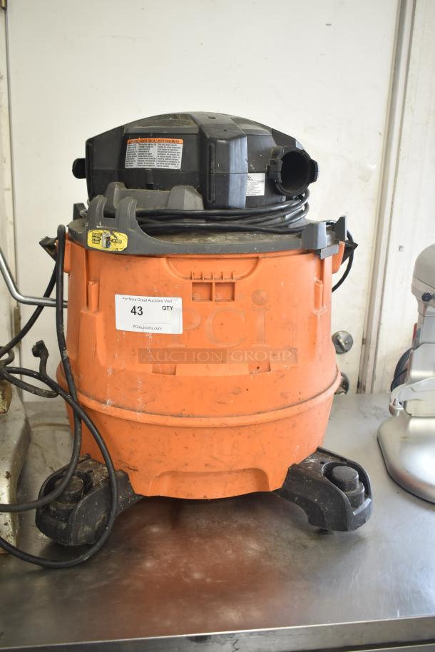 Rigid HD16000 Wet Dry Shop Vac, 120V, 1 Phase. Used condition with visible wear. Auction label marked "43 QTY."