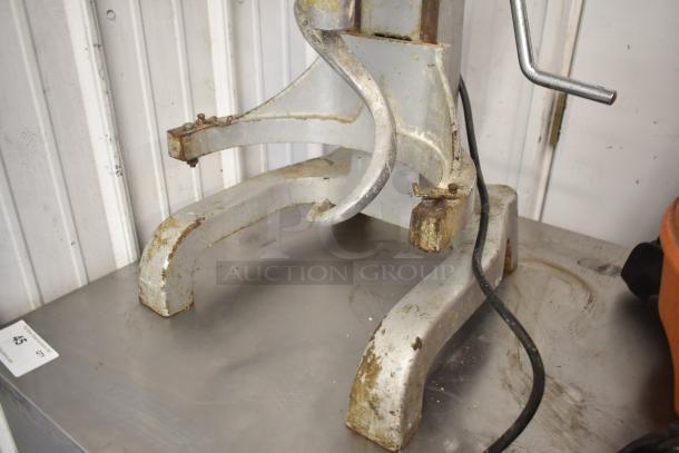 BakeMax BMPME20 commercial 20-quart planetary dough mixer with dough hook, visible wear, 110 volts, 1 phase.