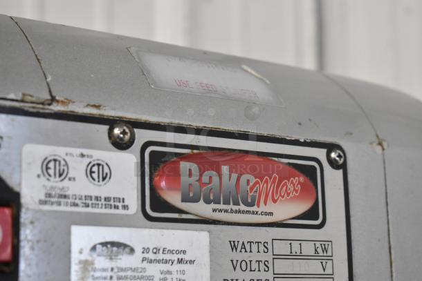 BakeMax BMPME20 commercial planetary dough mixer, 20-quart capacity, includes dough hook, 110V 1-phase, visible brand and model labels.