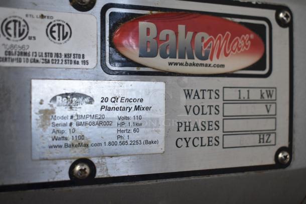 BakeMax BMPME20 20 Qt Planetary Mixer, 110V, 1 Phase, dough hook included. Model info and certification labels visible.