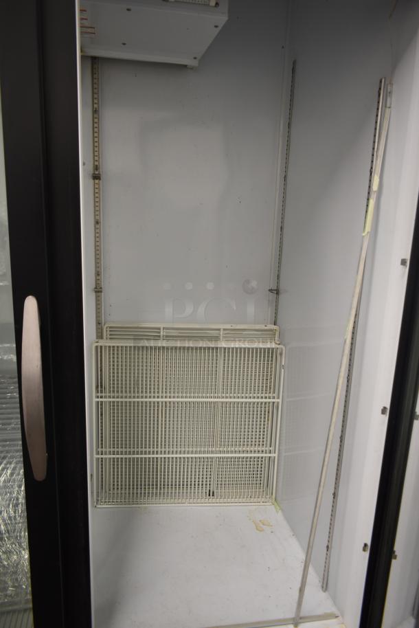 Beverage Air MMR49HC-1-B commercial cooler, 2-door glass front, white interior, adjustable shelves, 115V, 1 phase.