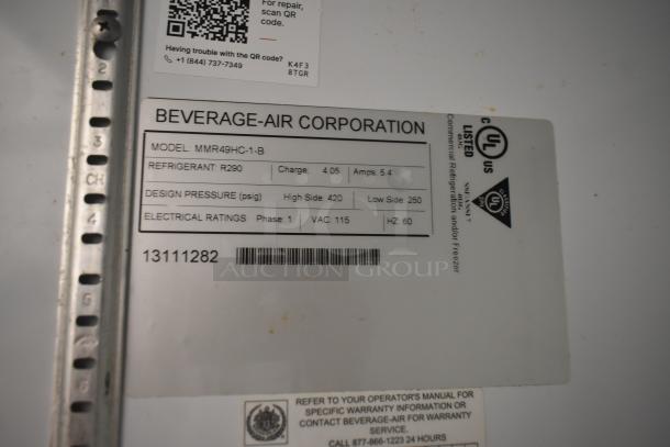 Beverage Air MMR49HC-1-B cooler label; 115V, 1 phase, R290 refrigerant, 4.05 charge, 5.4 amps, design pressure 420/250 psig.