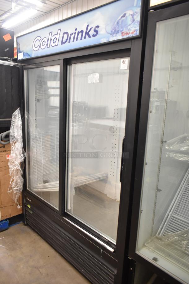 Turbo Air TGM-48RB-N two-door reach-in cooler merchandiser, 115V, 1 phase. Features large glass doors and Cold Drinks sign.