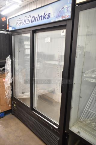 Turbo Air TGM-48RB-N two-door reach-in cooler merchandiser, 115V, 1 phase. Features large glass doors and Cold Drinks sign.