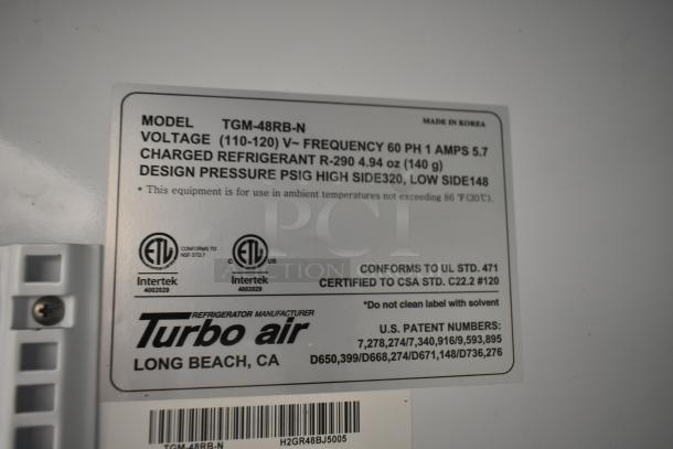 Turbo Air TGM-48RB-N label; 115 volts, 1 phase; ETL certified; refrigerant R-290; U.S. patent numbers listed.