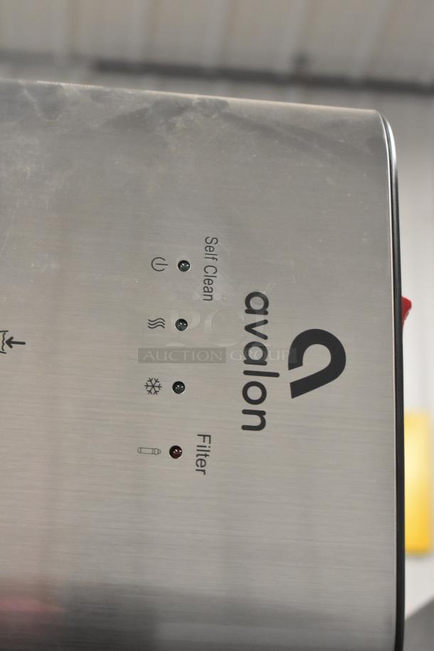 Avalon A25 bottleless water dispenser, 115V, 1 phase, brushed metal finish, self-cleaning, filter indicators visible.