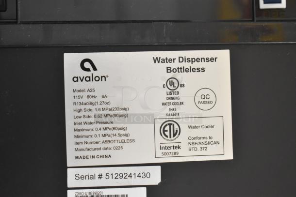 Avalon A25 Bottleless Water Dispenser label, showing model info, 115V, 60Hz, UL and ETL certifications, and serial number.