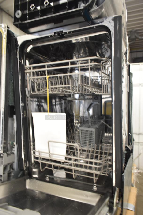 Honeywell 1014783275 18 in. dishwasher with 8 place settings, 6 programs, open view showing racks and cutlery basket.