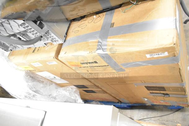 New Honeywell HDS18SS dishwasher in box with visible branding, indicating 18-inch size, Energy Star certified.