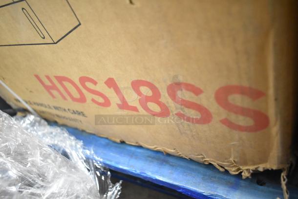 Cardboard box with "HDS18SS" label, containing a new Honeywell 18" dishwasher, 8 settings, stainless steel tub.