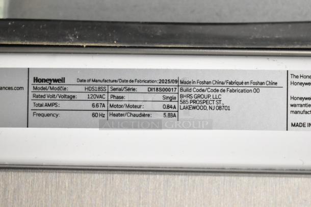2025 Honeywell HDS18SS dishwasher label showing model, serial number, voltage, and specs. Stainless steel tub, 8 settings.