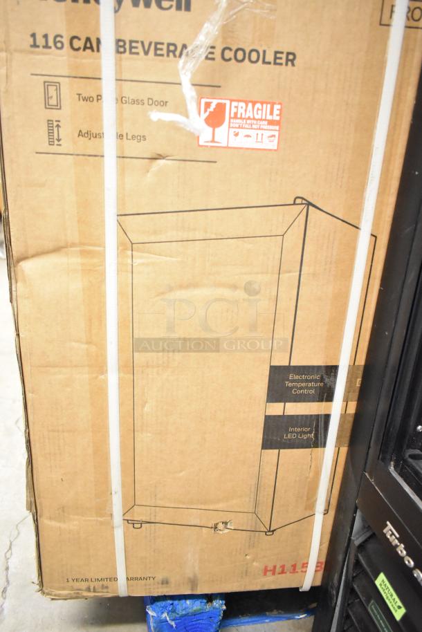 New Honeywell H115BCS 115 Can Cooler, scratch and dent, 115 volts, 1 phase, features LED light, electronic control.