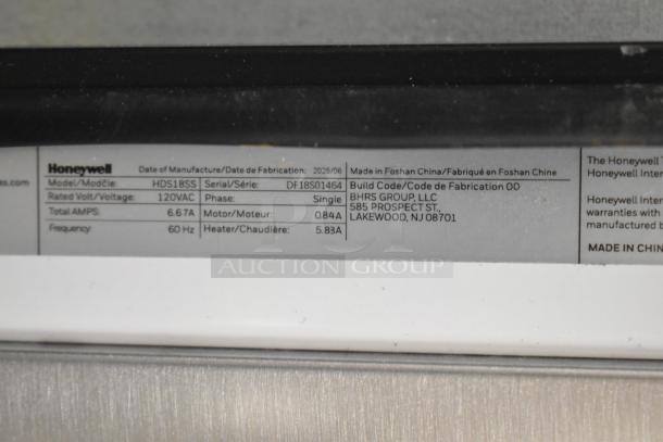 Label on Honeywell dishwasher model HDS18SS, 18 in., 2025. Details voltage, amps, phase, and manufacturing info.