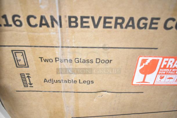 Cardboard box for Honeywell H115BCS Can Cooler. Features: Two Pane Glass Door, Adjustable Legs. Scratch and dent condition.
