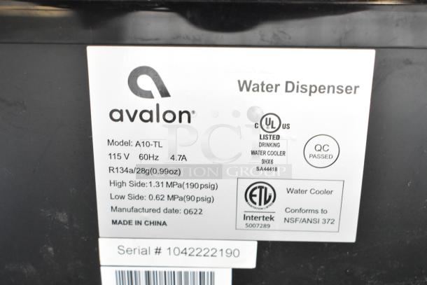 Avalon A10-TL Water Dispenser label showing 115V, UL and ETL certifications, QC passed, made in China. Serial #1042222190.
