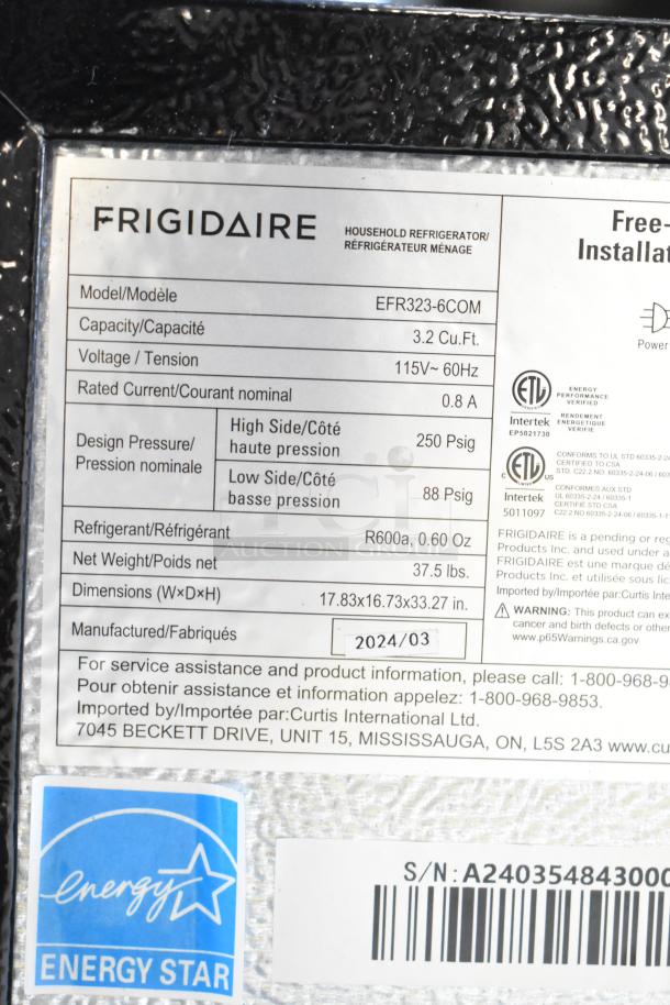 Frigidaire EFR323-6COM Mini Cooler label showing model, 3.2 cu.ft. capacity, 115V, 60Hz, Energy Star certification.