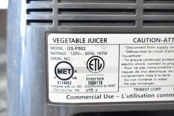 Tribest GS-P502 GreenStar Pro Juicer label. Model: GS-P502, 120V, 60Hz, 165W. Certified by MET and Intertek.
