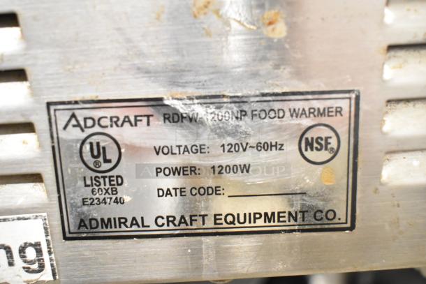 Adcraft RDFW-1200NP countertop food warmer label, 120V, 1200W, UL and NSF certified, Admiral Craft Equipment Co.
