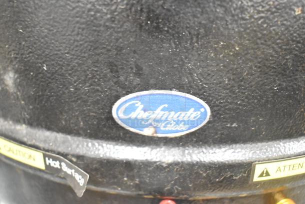 2 Chefmate CPSKB1 countertop soup kettles, 120V, 1 phase. "Chefmate by Globe" label, caution hot surface tag visible.