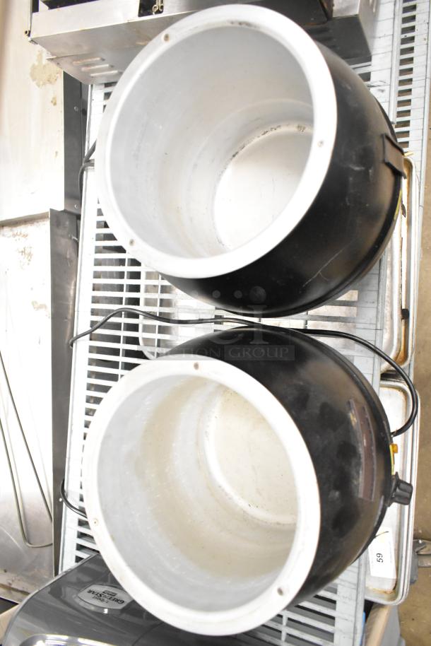 2 Chefmate CPSKB1 commercial soup kettles, black and white, used condition, 120V, 1 phase, countertop model.