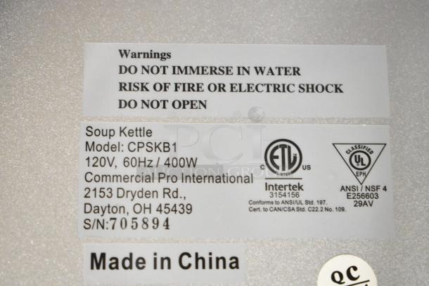 2 Chefmate CPSKB1 Commercial Soup Kettle, 120V, 60Hz, 400W. Safety warnings: do not immerse in water, risk of shock. Made in China.