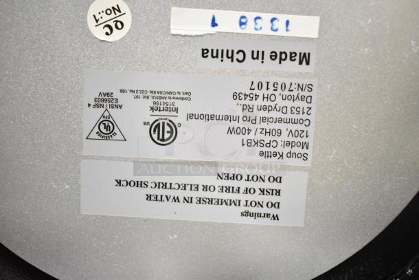Chefmate CPSKB1 Soup Kettle Food Warmer label showing 120V, 60Hz, 400W specifications, serial number, and safety warnings.