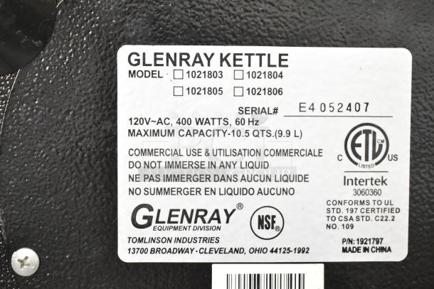 Glenray Commercial Kettle label showing model options, serial number E4052407, 120V, 400W, 10.5 qt capacity.