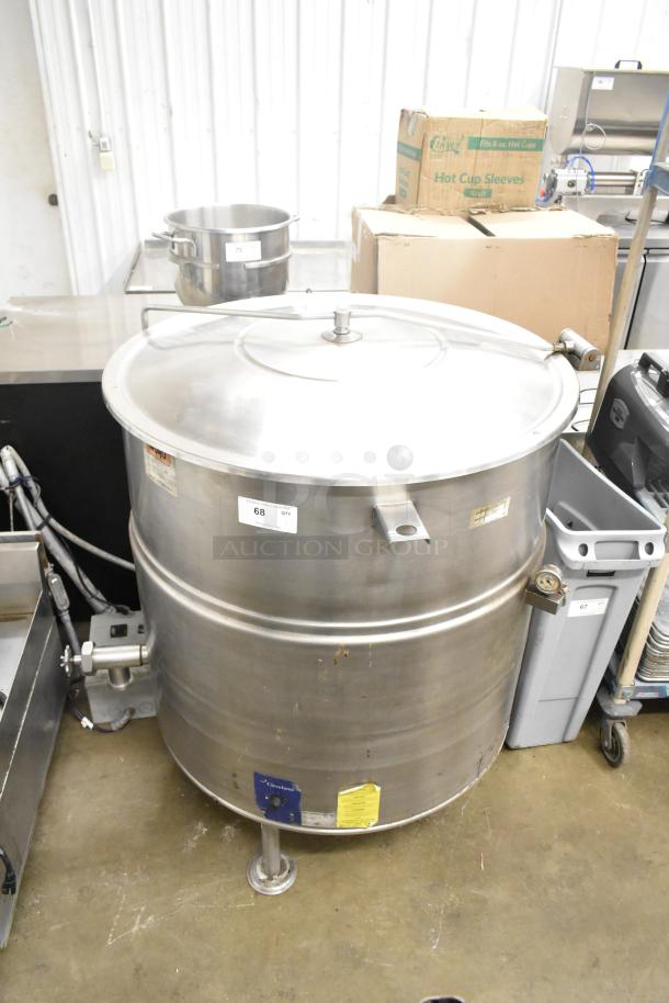 Cleveland KEL-100 100-gal steam jacketed kettle, electric, 208/240V, 3-phase. Stainless steel, stationary, commercial use.