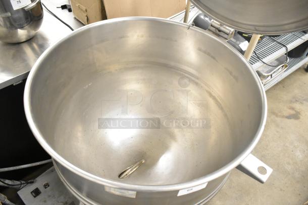 Cleveland KEL-100 100 Gallon stationary steam jacketed electric kettle, stainless steel, 208/240 Volts, 3 Phase, commercial use.