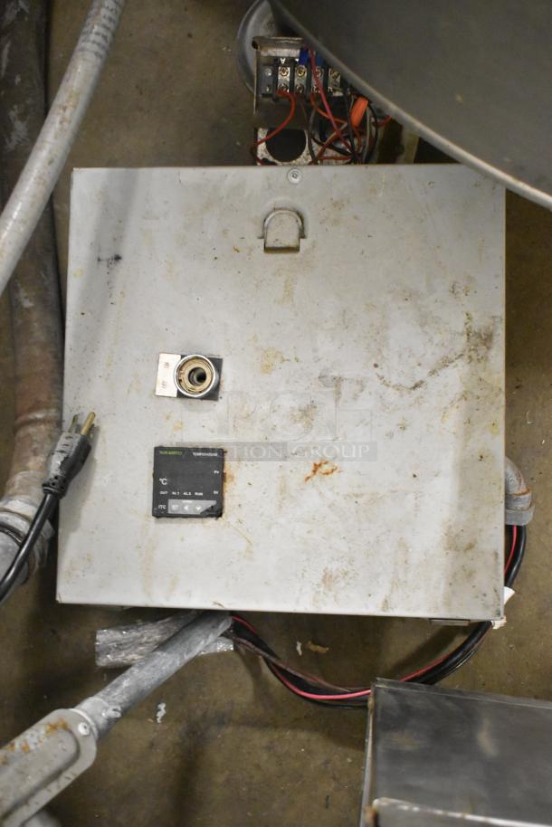 Cleveland KEL-100 100 Gallon Electric Kettle control panel with visible wiring and temperature gauge, used condition.