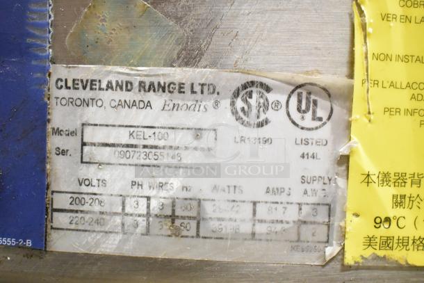 Cleveland KEL-100 steam kettle label, showing model and serial numbers. Voltage: 208/240 Volts, 3-phase power.