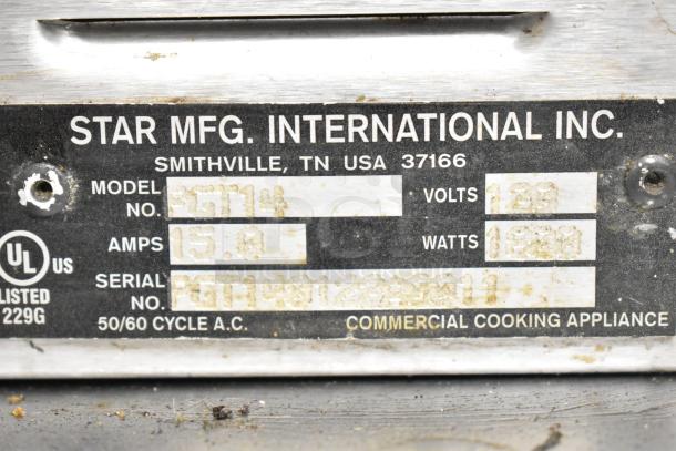 Star SGT14 Commercial Countertop Panini Press label. Shows model, 120 volts, 1 phase, UL listed.